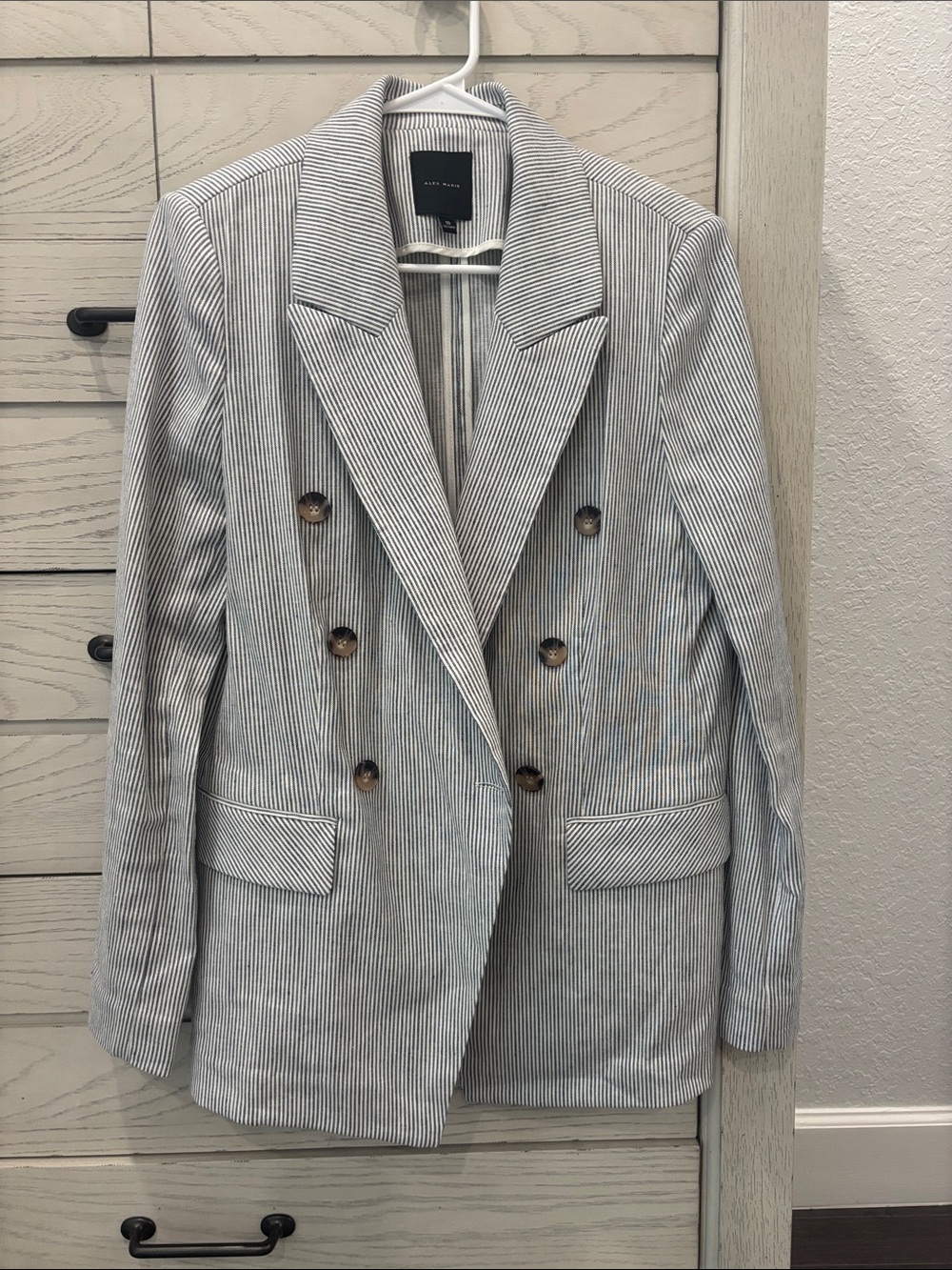 Alex Marie Double-Breasted Pinstripe Blazer - Light Grayish blue & White.